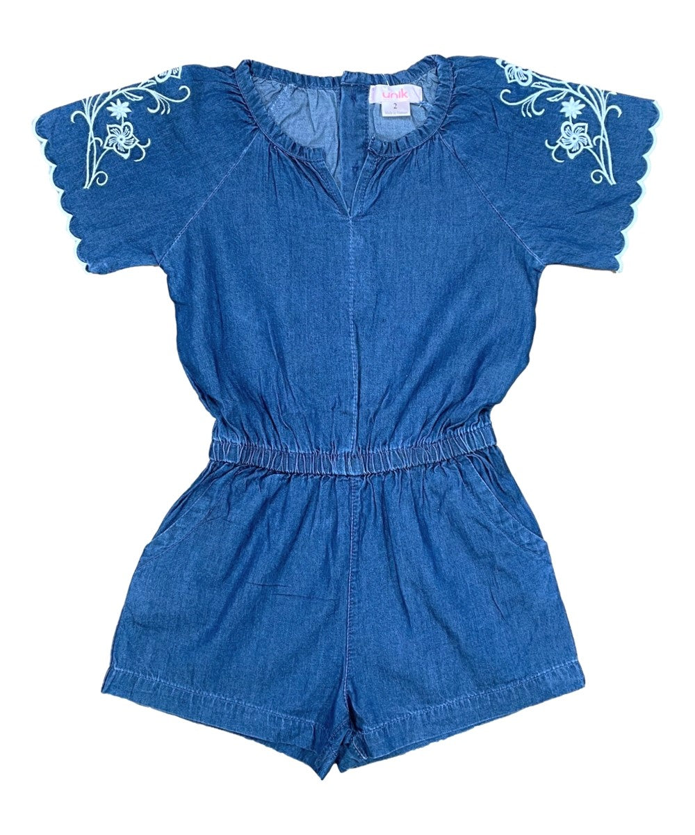 Girl Denim Romper with Flower Embroidery D Chambray RP22110