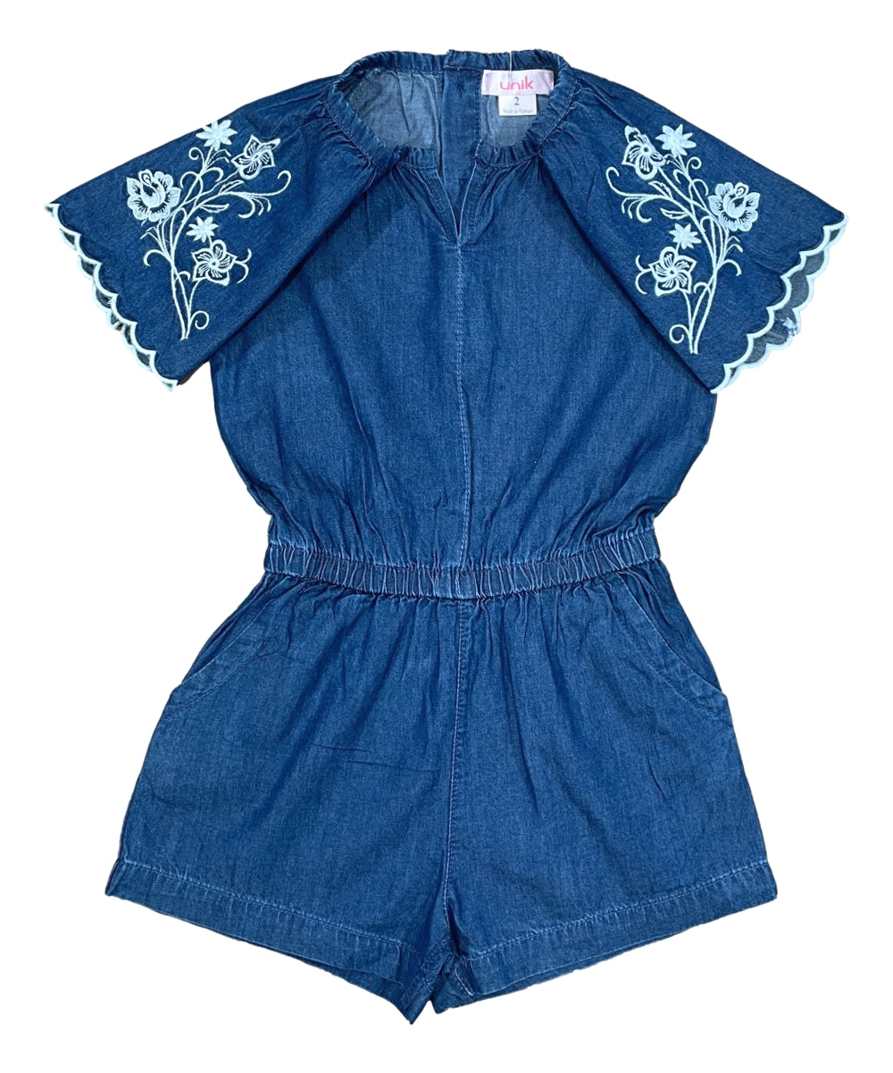 Girl Denim Romper with Flower Embroidery L Chambray RP22110
