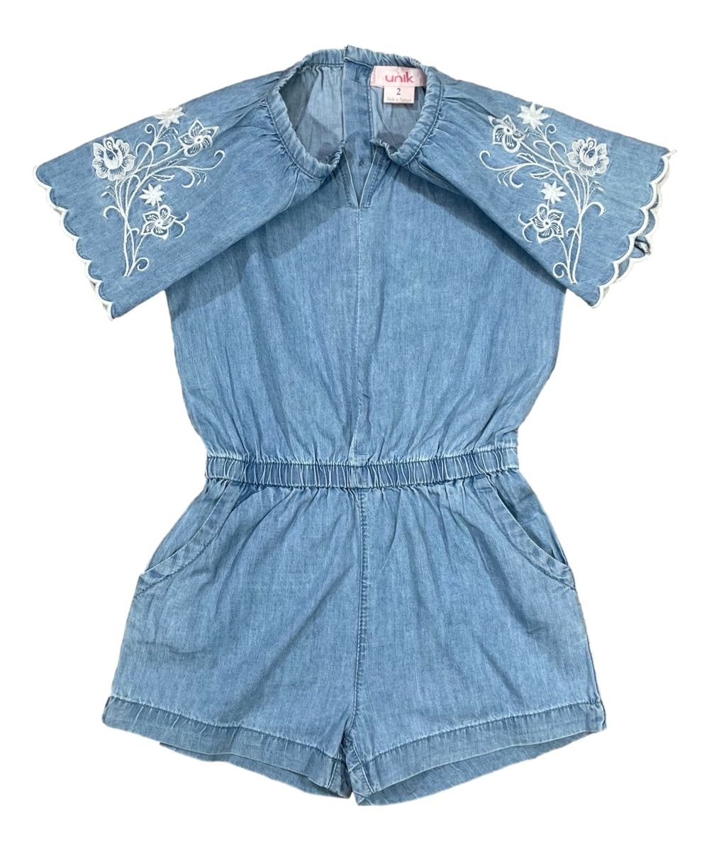 Girl Denim Romper with Flower Embroidery L Chambray RP22110