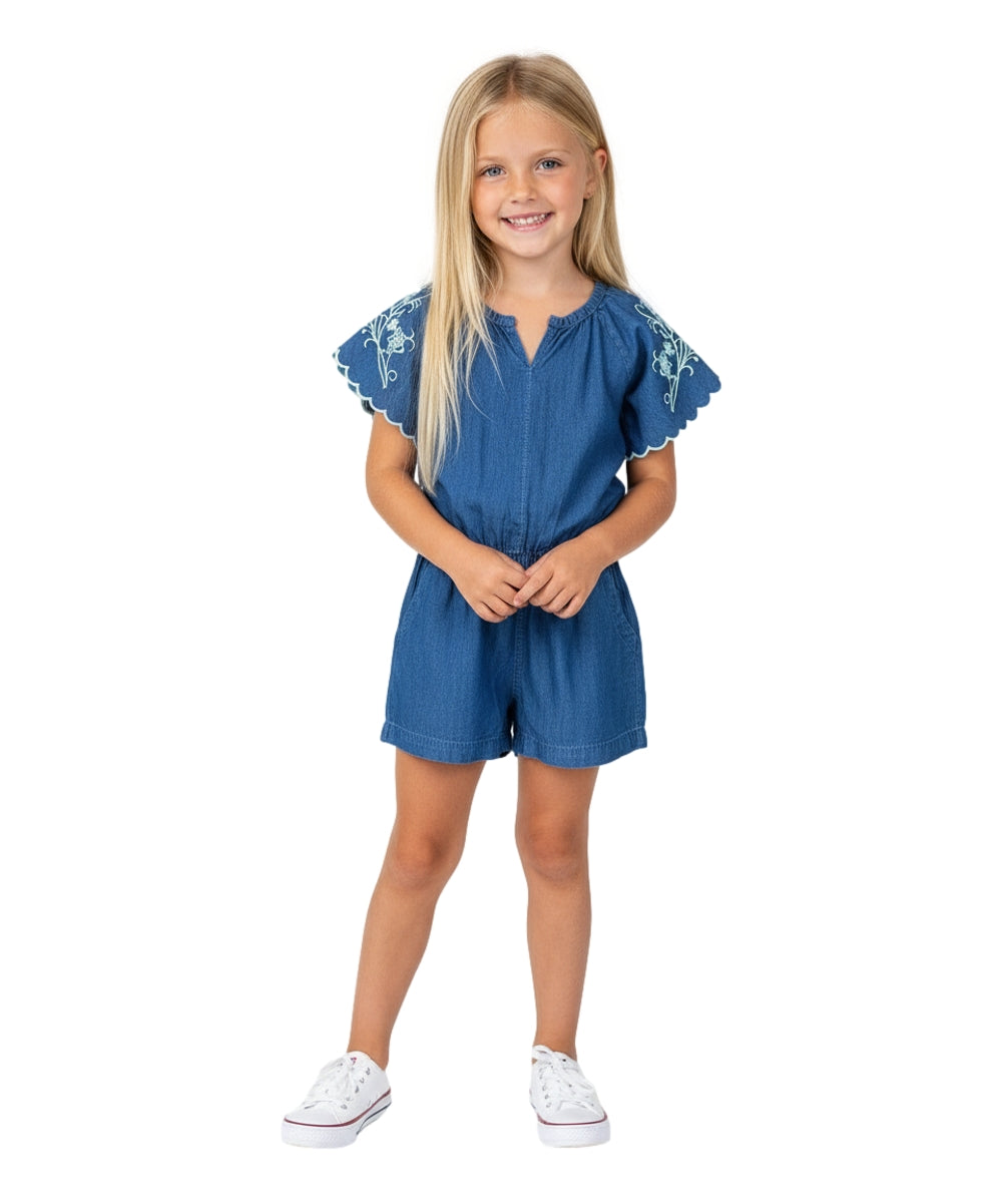 Girl Denim Romper with Flower Embroidery D Chambray RP22110