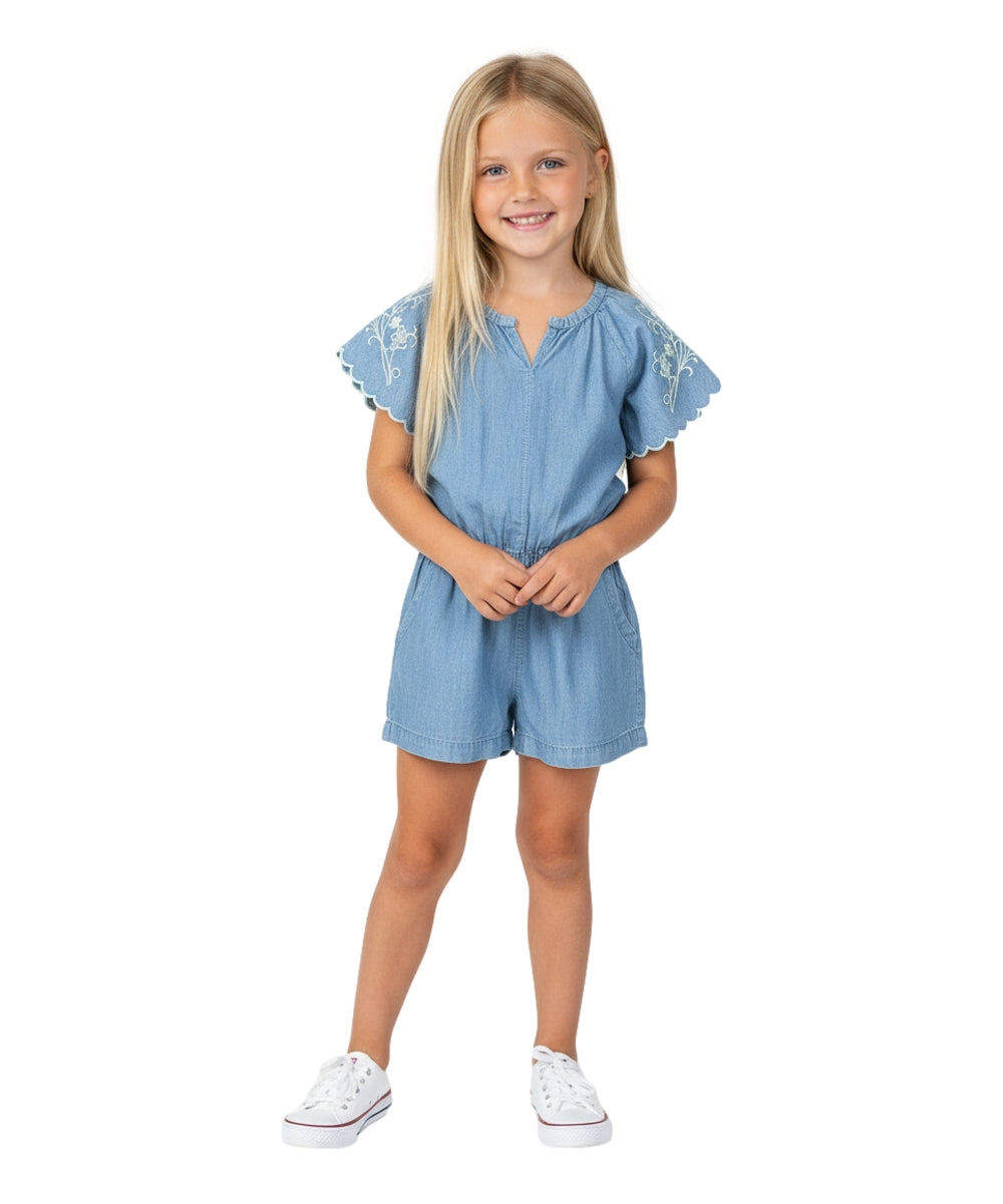 Girl Denim Romper with Flower Embroidery L Chambray RP22110