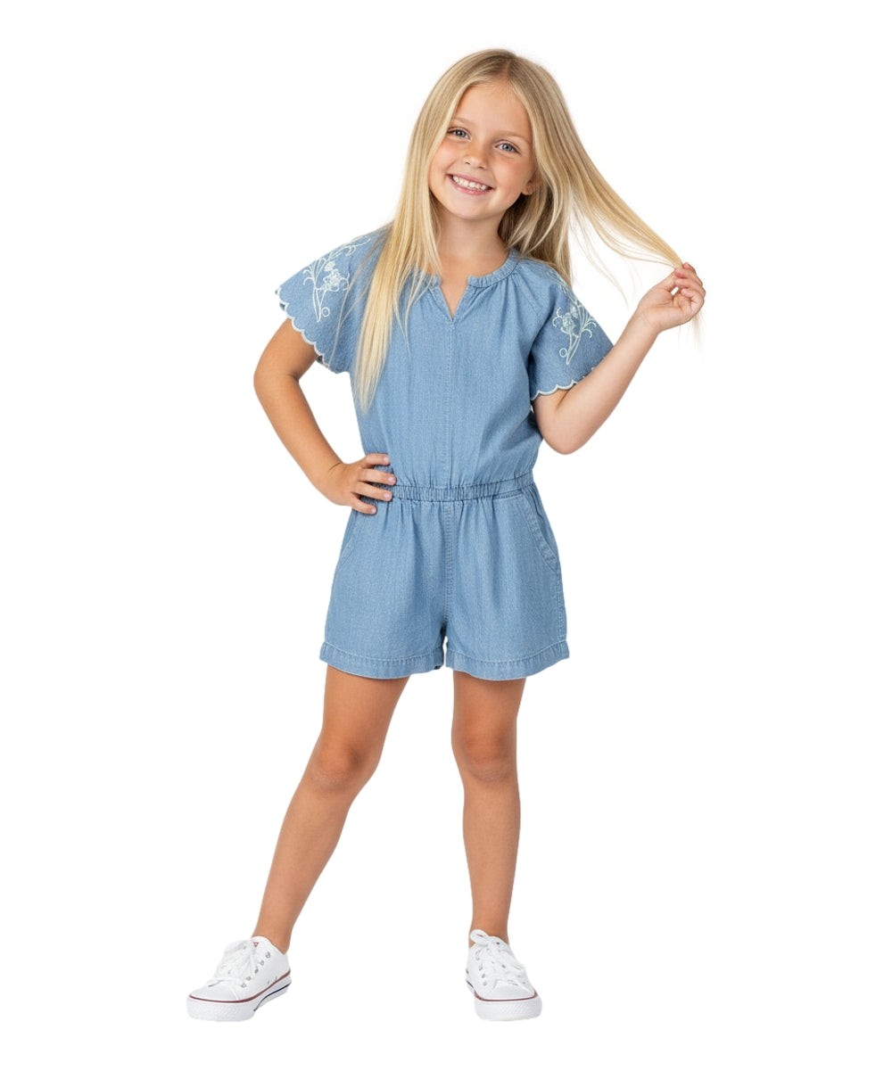 Girl Denim Romper with Flower Embroidery L Chambray RP22110