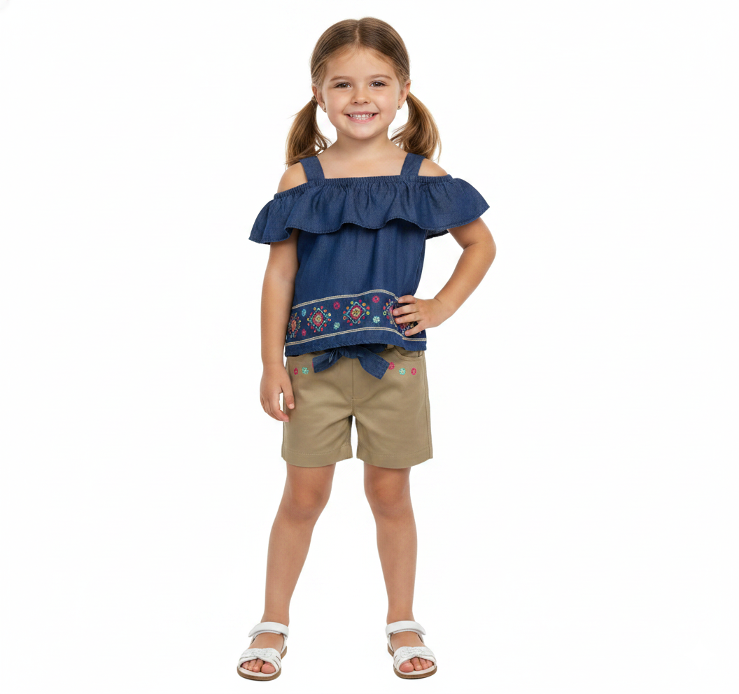 Girl Denim Embroidered Short Sets D. Denim SS2072