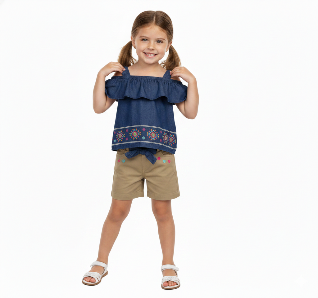 Girl Denim Embroidered Short Sets D. Denim SS2072