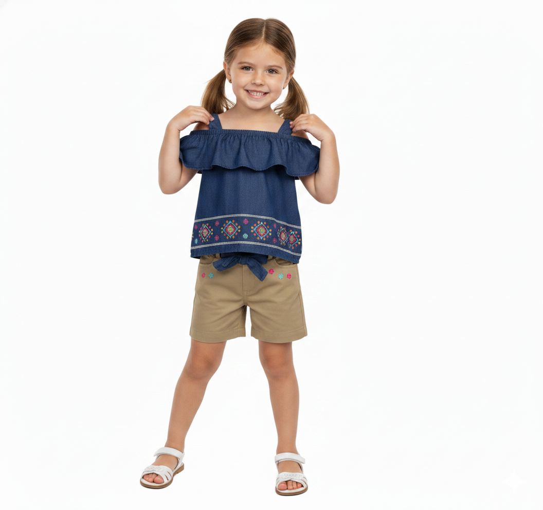 Girl Denim Embroidered Short Sets D. Denim SS2072