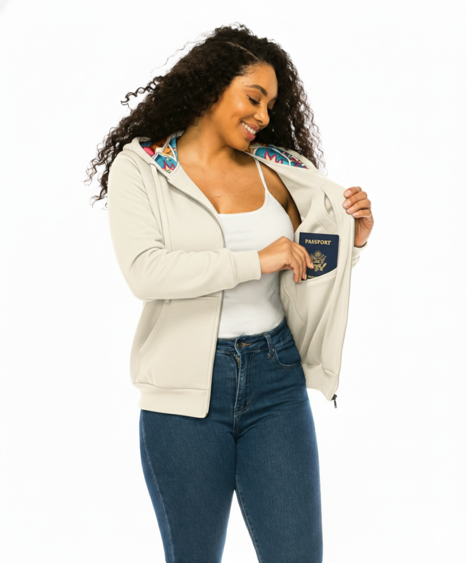 Unik Premium Quality Satin Lined Zip Up Hoodie with Travel Hidden Pockets Beige WBT62