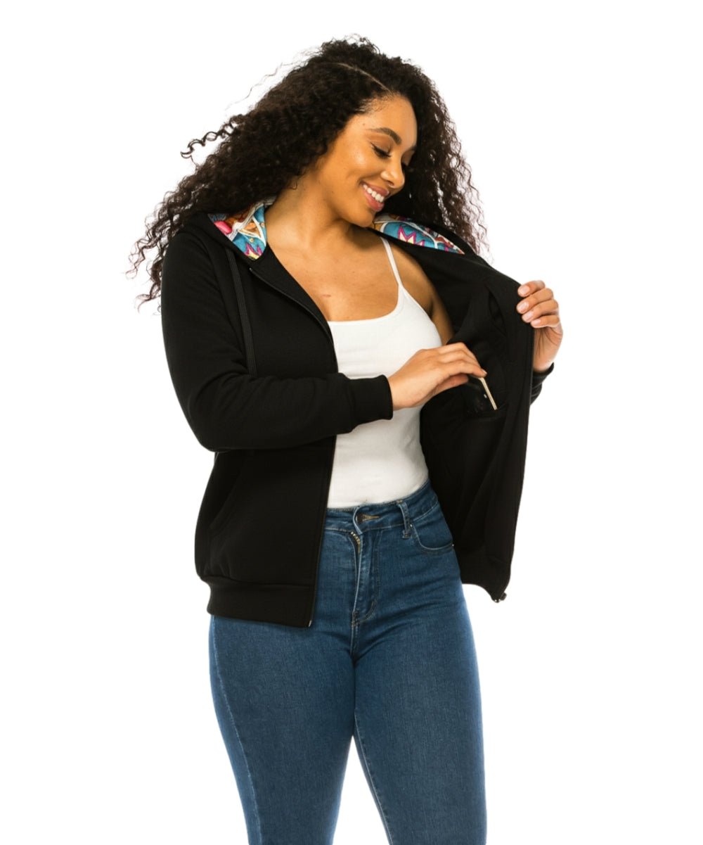 Unik Premium Quality Satin Lined Zip Up Hoodie with Travel Hidden Pockets Black 1 WBT62
