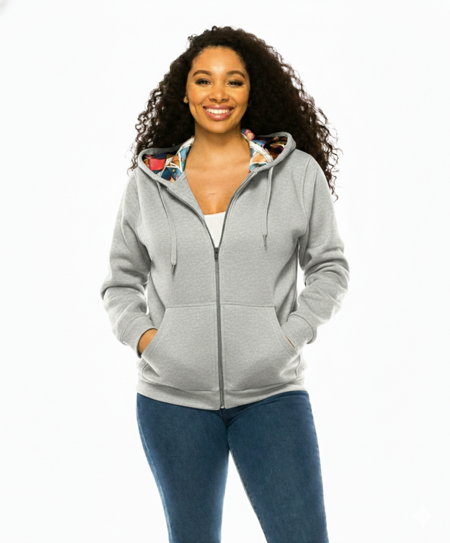 Unik Premium Quality Satin Lined Zip Up Hoodie with Travel Hidden Pockets L. Grey WBT62