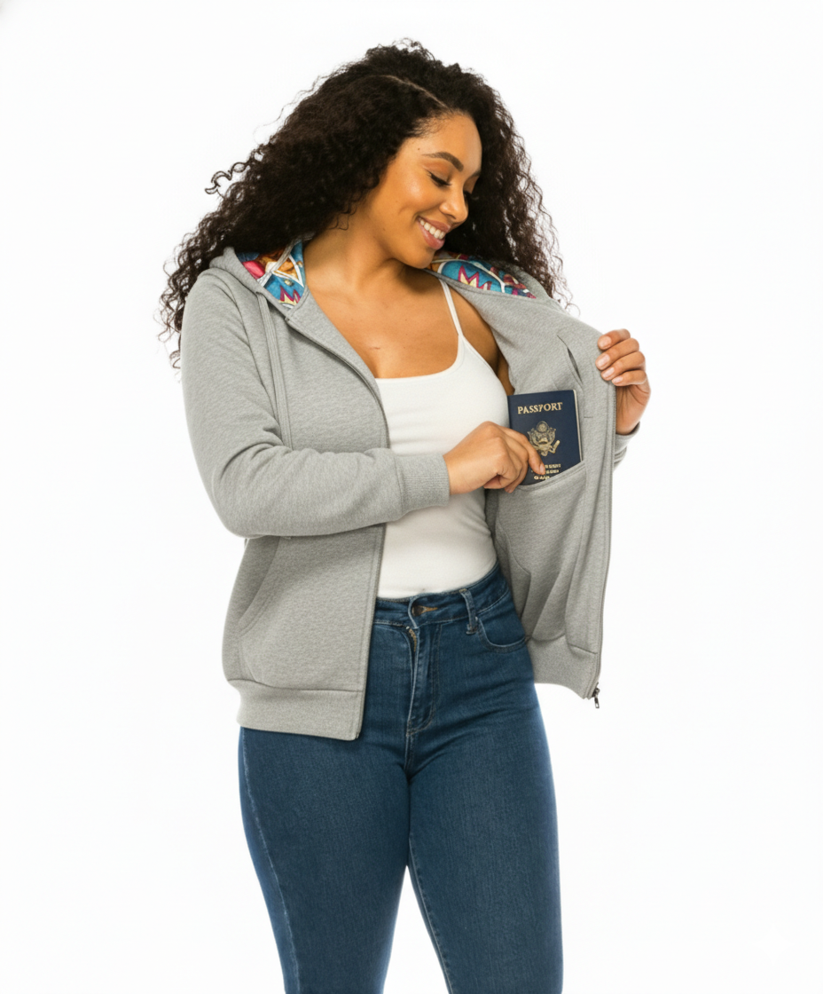 Unik Premium Quality Satin Lined Zip Up Hoodie with Travel Hidden Pockets L. Grey WBT62