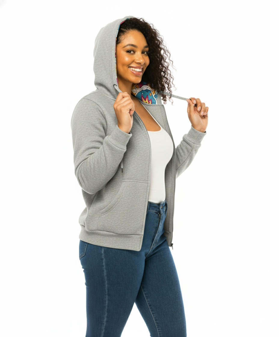 Unik Premium Quality Satin Lined Zip Up Hoodie with Travel Hidden Pockets L. Grey 1 WBT62