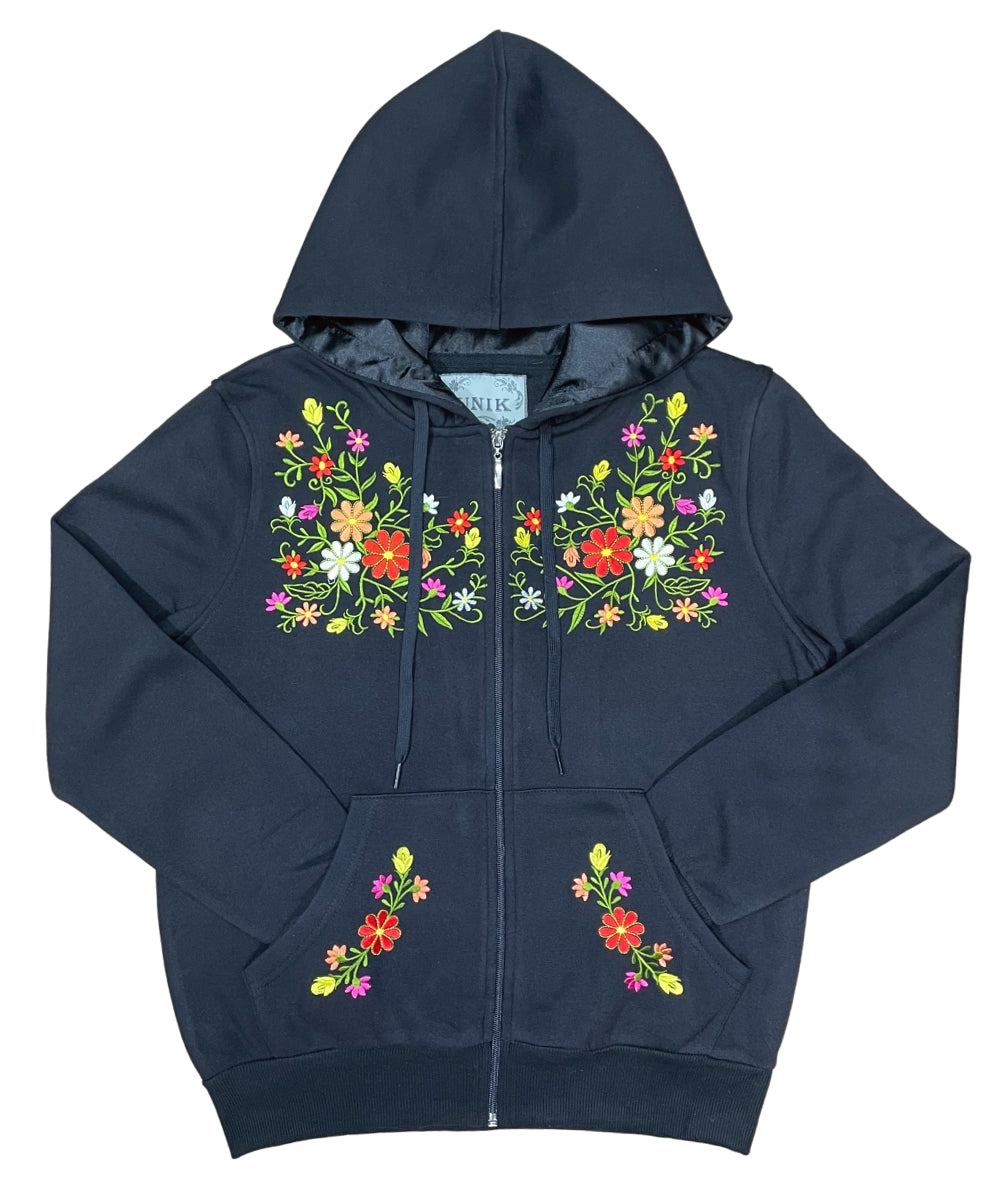 Women's Premium Quality Fleece Flower Embroidered with Satin Lined Hoodie Royal WBT63
