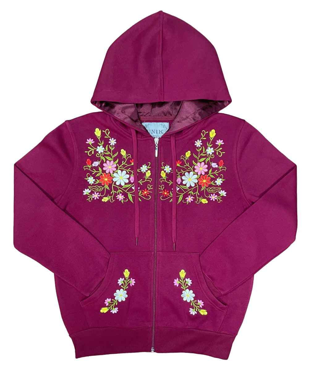Women's Premium Quality Fleece Flower Embroidered with Satin Lined Hoodie Royal WBT63