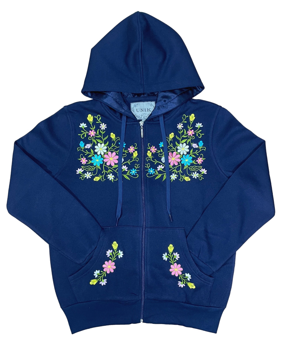 Women's Premium Quality Fleece Flower Embroidered with Satin Lined Hoodie Royal WBT63