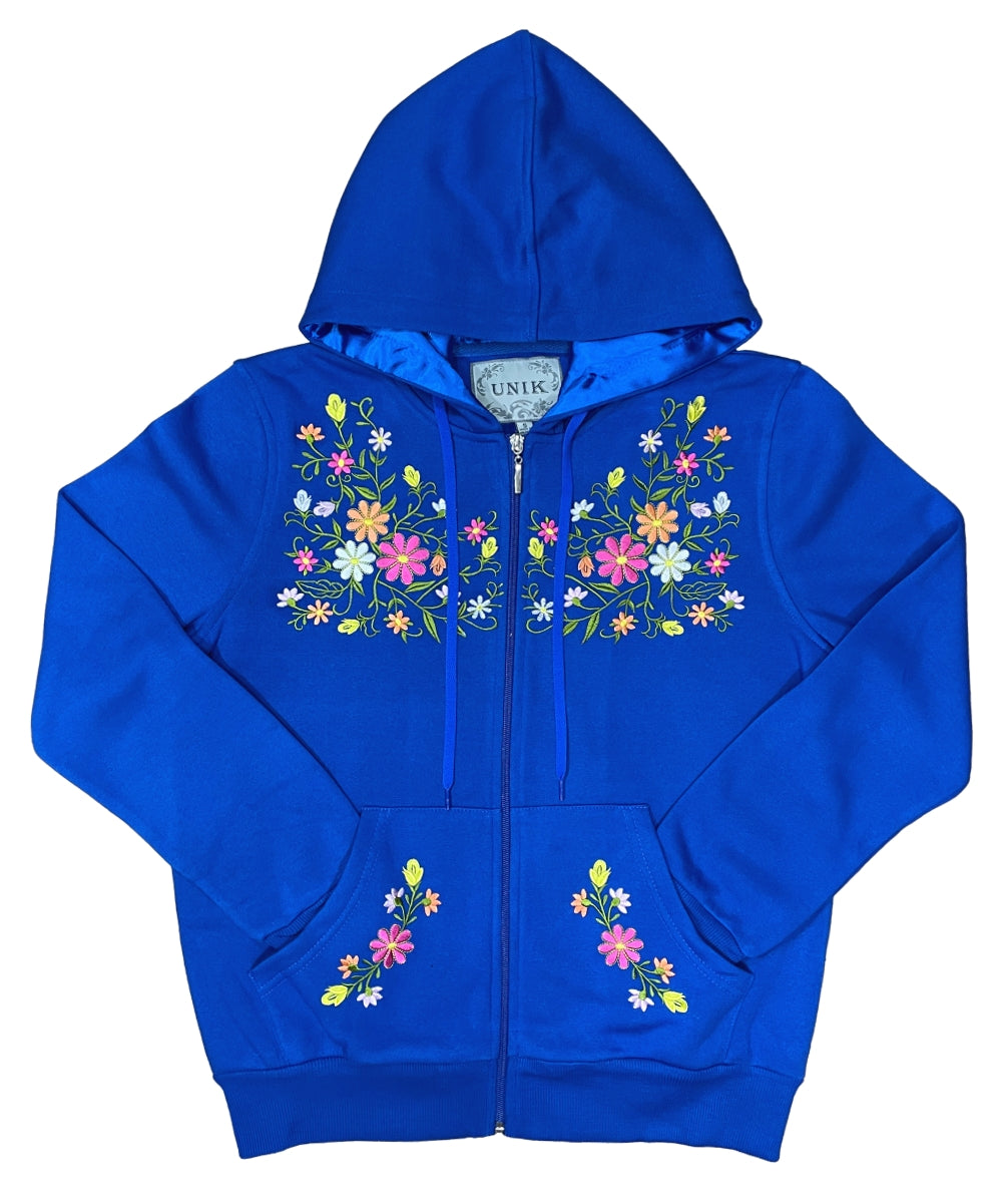 Women's Premium Quality Fleece Flower Embroidered with Satin Lined Hoodie Royal WBT63