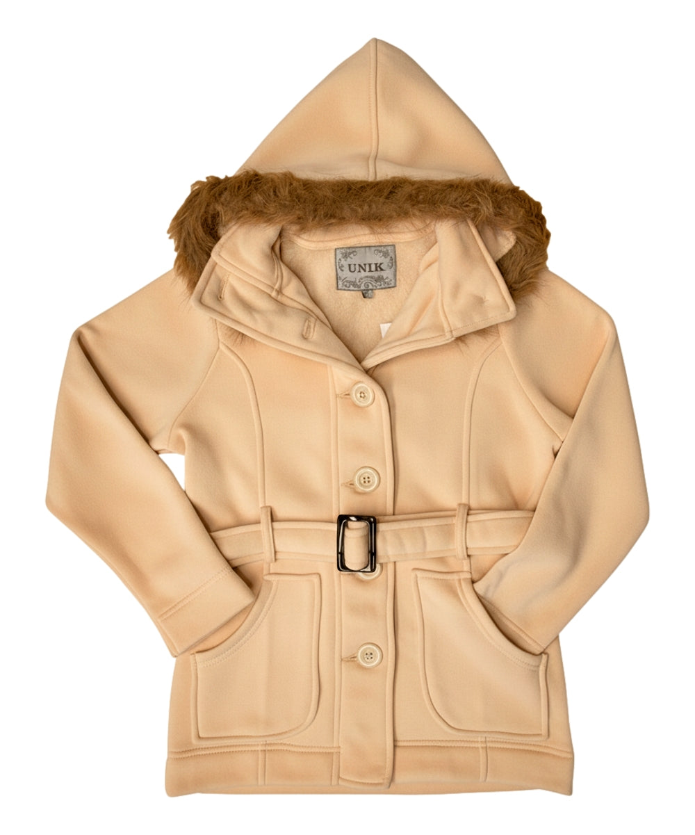 Unik's Women Fleece Coat with Fur Hood and Detachable Belt Black WJ16511