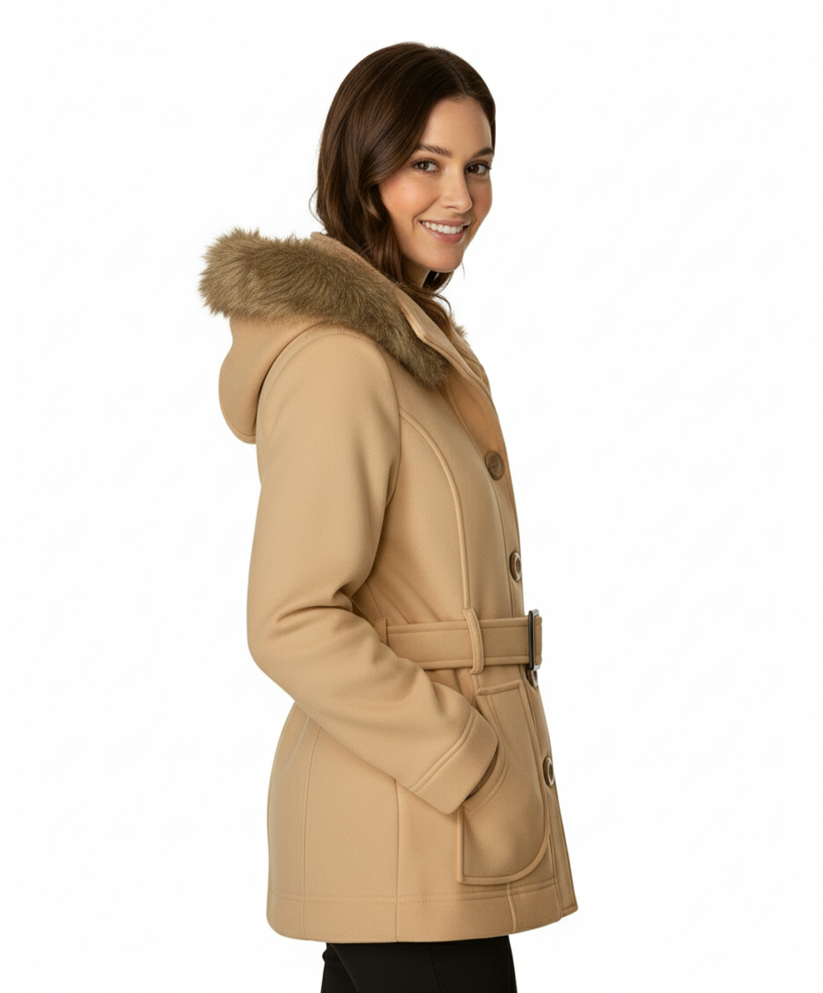 Unik's Women Fleece Coat with Fur Hood and Detachable Belt Camel WJ16511