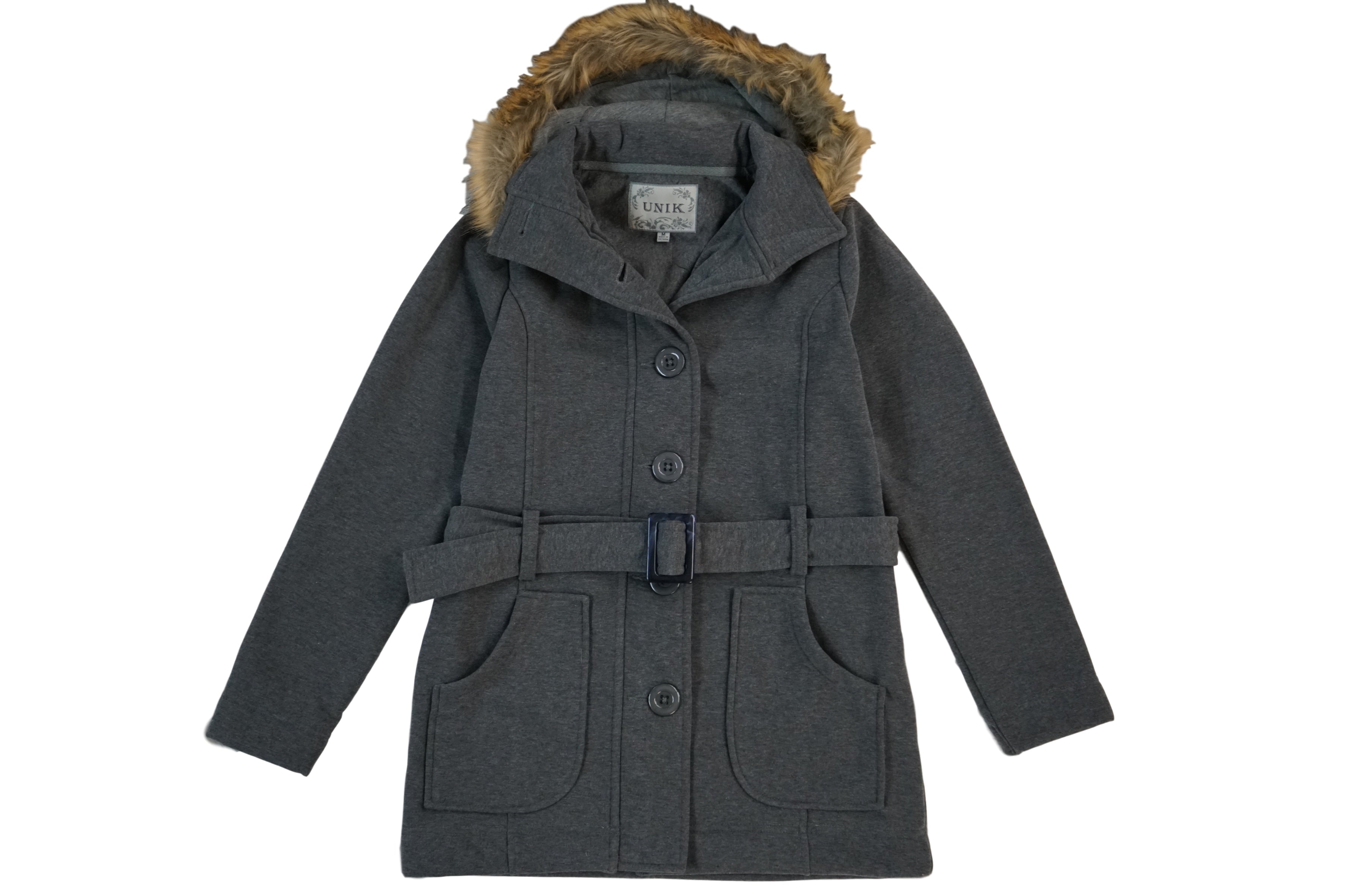 Unik's Women Fleece Coat with Fur Hood and Detachable Belt Black WJ16511