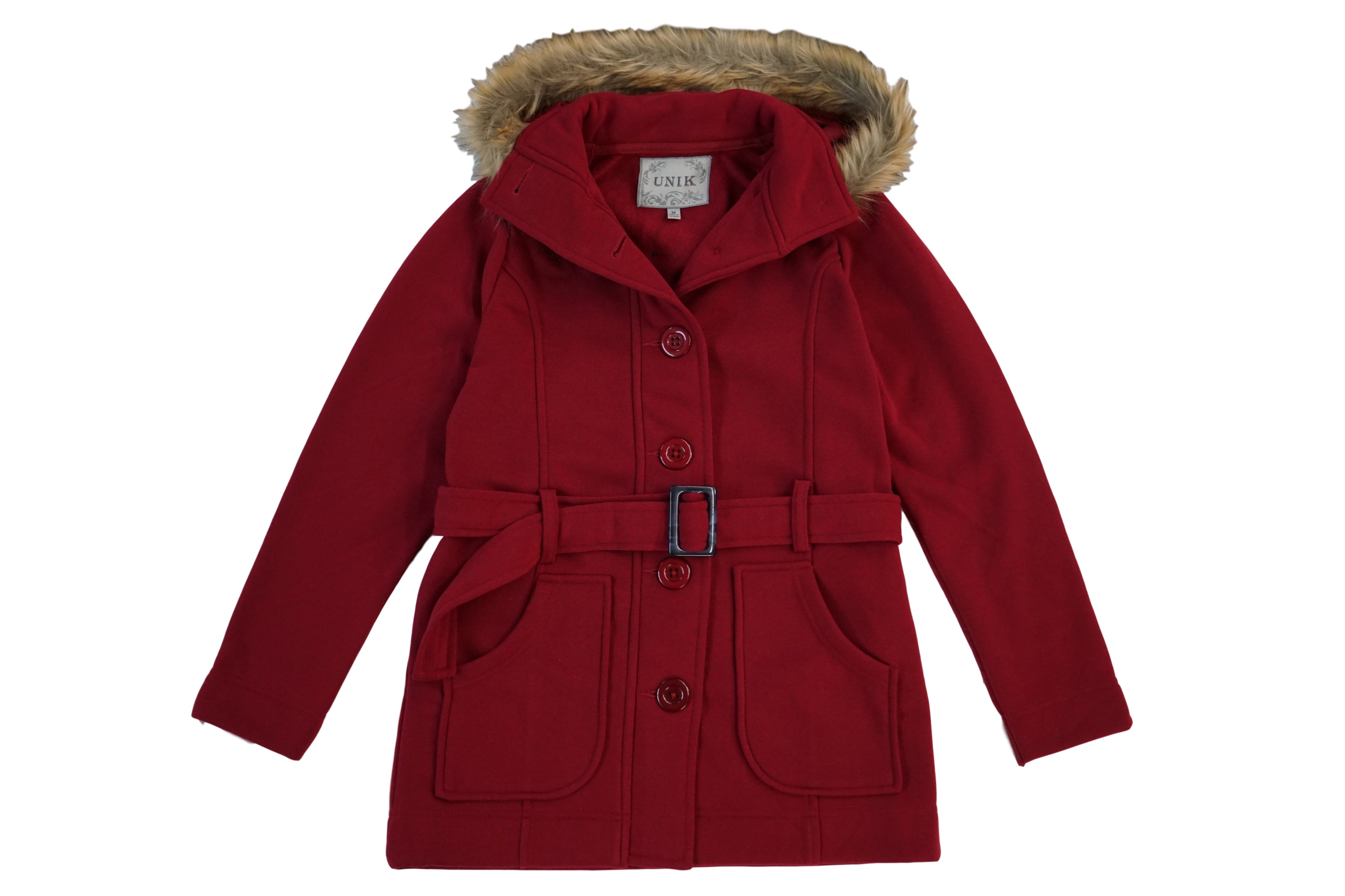 Unik's Women Fleece Coat with Fur Hood and Detachable Belt Black WJ16511