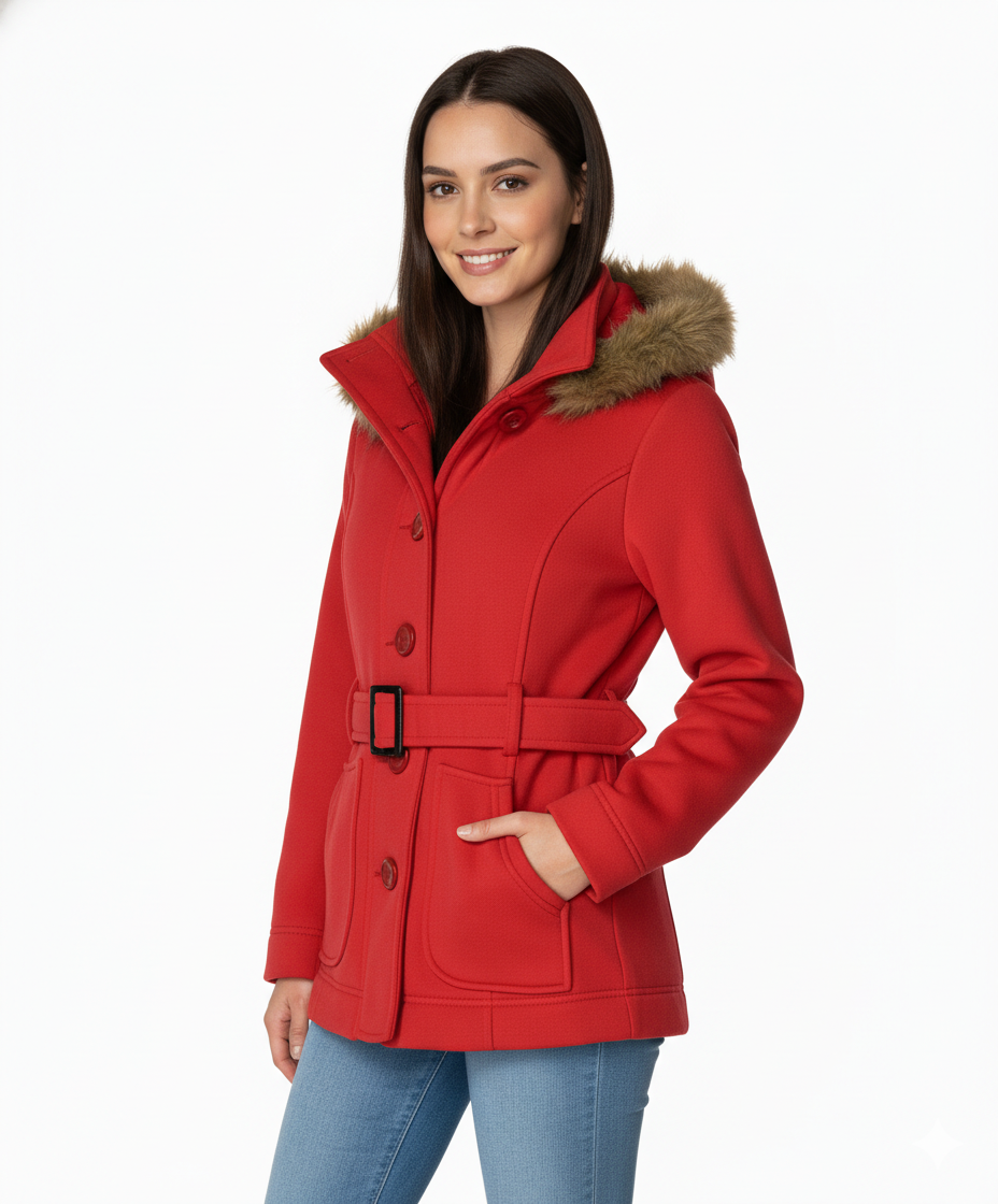 Unik's Women Fleece Coat with Fur Hood and Detachable Belt Scarlet WJ16511