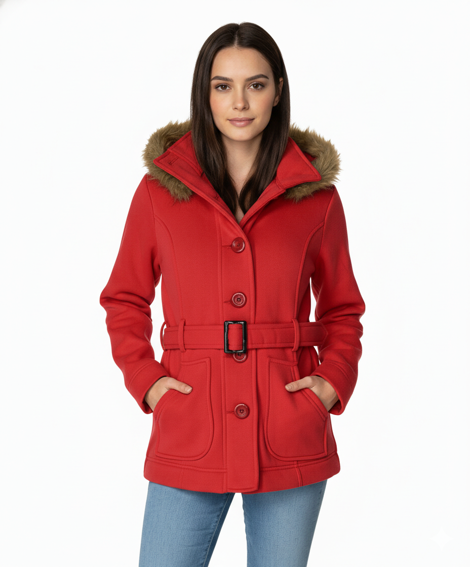 Unik's Women Fleece Coat with Fur Hood and Detachable Belt Scarlet WJ16511