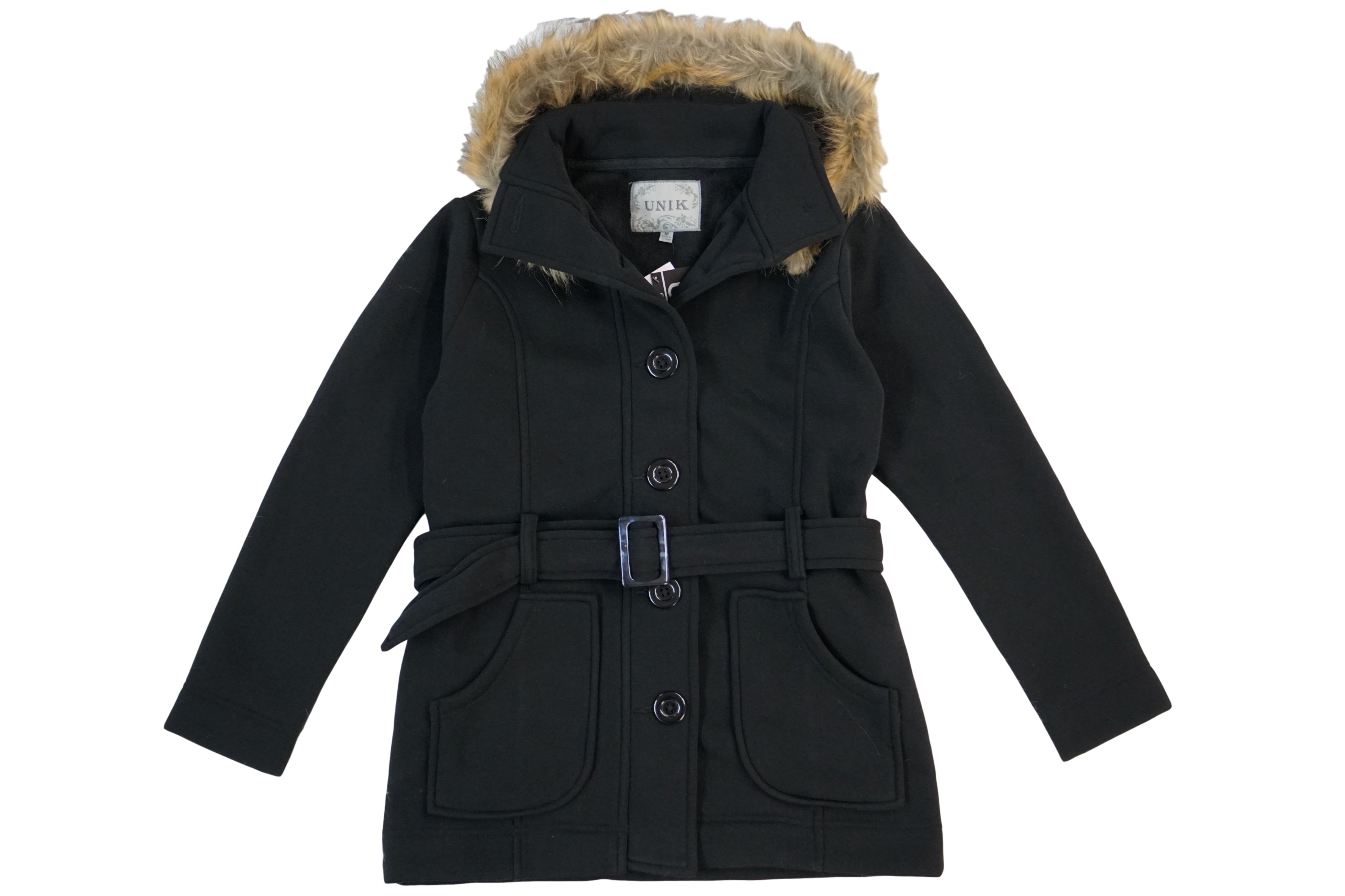 Unik's Women Fleece Coat with Fur Hood and Detachable Belt Plum WJ16511