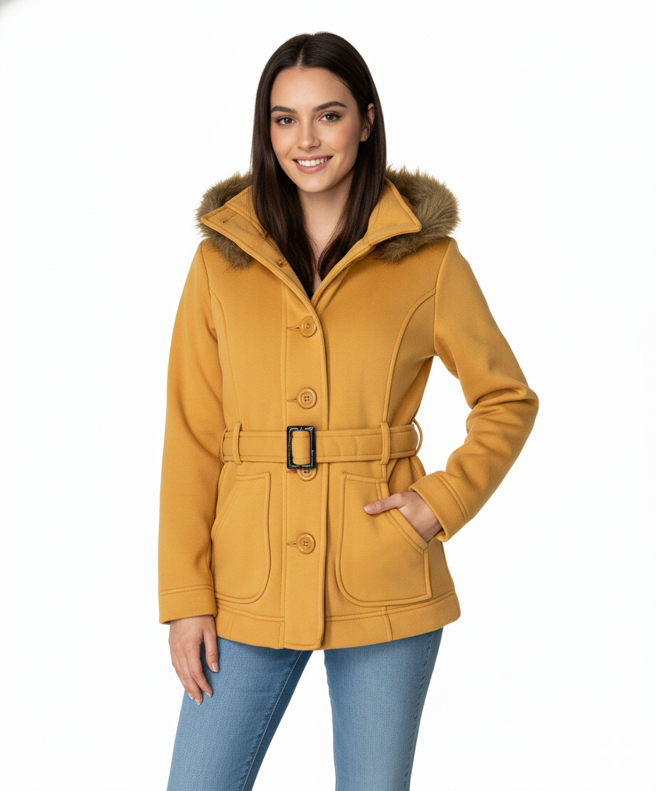Unik's Women Fleece Coat with Fur Hood and Detachable Belt Honey WJ16511