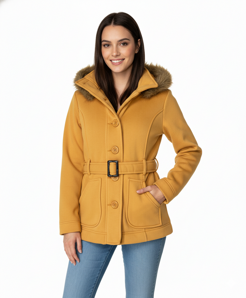 Unik's Women Fleece Coat with Fur Hood and Detachable Belt Honey WJ16511