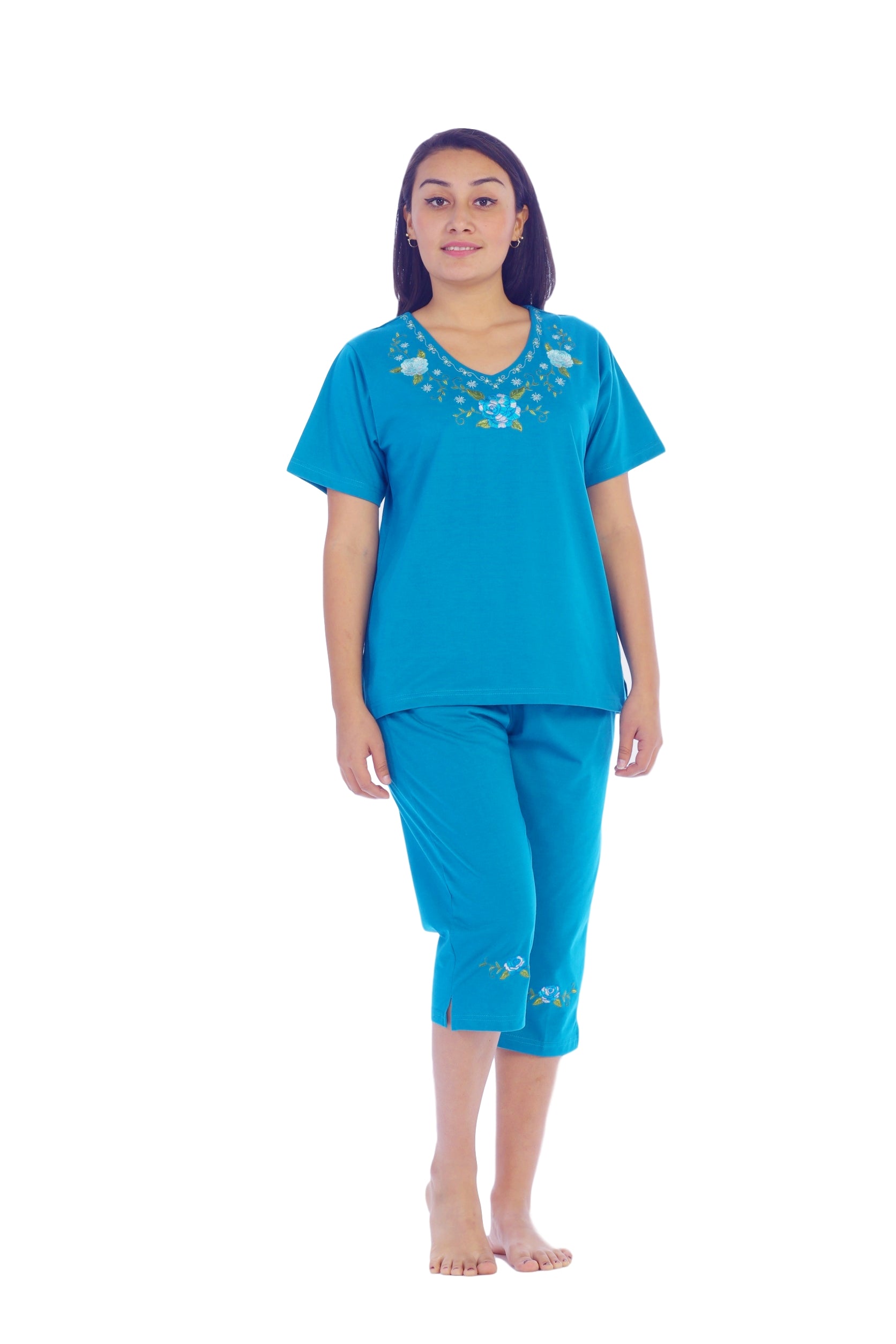 Women's Short Sleeve Embroidered Blouse and Matching Capri Set Azure WS08