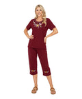 Women's Short Sleeve Embroidered Blouse and Matching Capri Set Yellow WS16