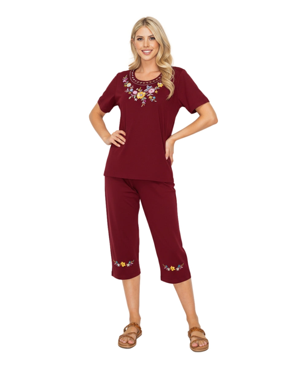 Women's Short Sleeve Embroidered Blouse and Matching Capri Set Yellow WS16