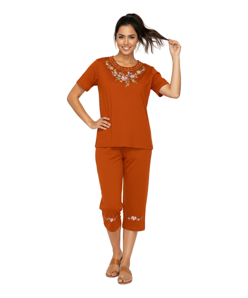 Women's Short Sleeve Embroidered Blouse and Matching Capri Set Yellow WS16