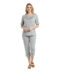 Women's Short Sleeve Embroidered Blouse and Matching Capri Set L Grey WS17