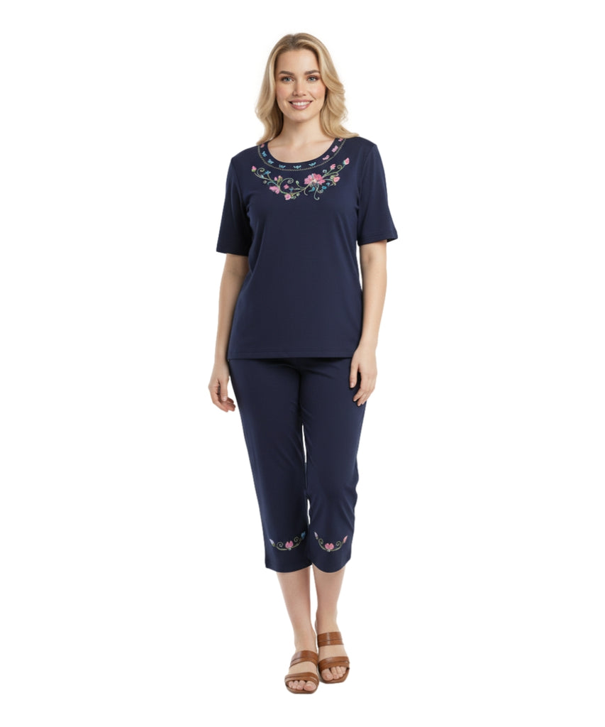 Women's Short Sleeve Embroidered Blouse and Matching Capri Set Navy WS17