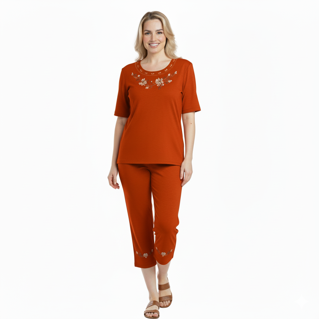 Women's Short Sleeve Embroidered Blouse and Matching Capri Set Payaya WS17