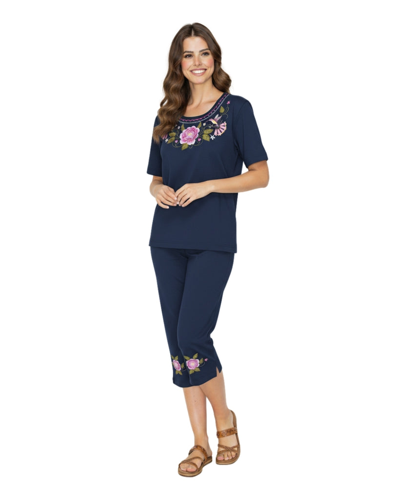 Women's Short Sleeve Embroidered Blouse and Matching Capri Set Navy WS18