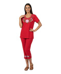 Women's Short Sleeve Embroidered Blouse and Matching Capri Set Teal  WS18