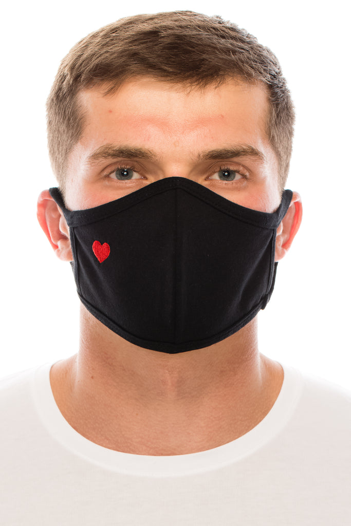 unik Face Mask, Red Heart Embroidery Black, Cotton, Washable, Reusable Mask, Adult Size