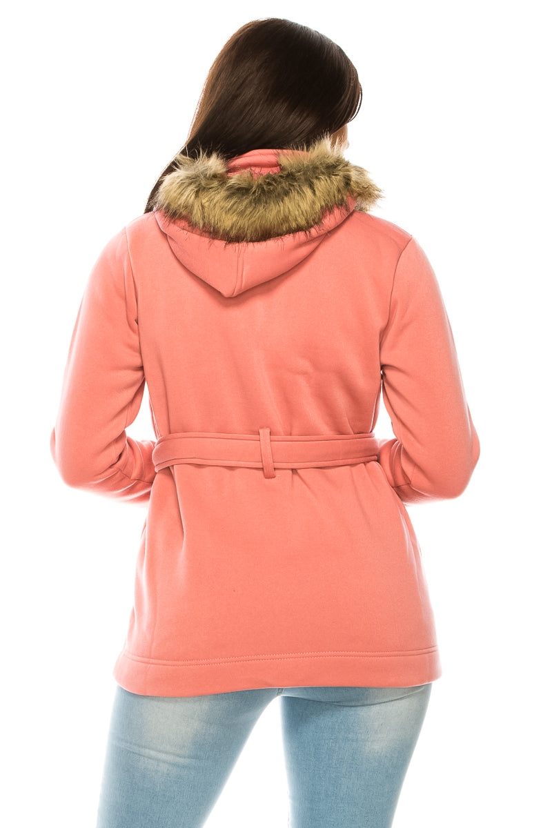 Unik's Women Fleece Coat with Fur Hood and Detachable Belt Black WJ16511