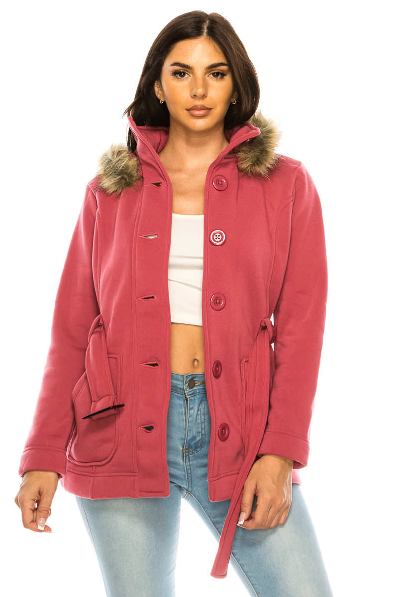 Unik's Women Fleece Coat with Fur Hood and Detachable Belt Scarlet WJ16511