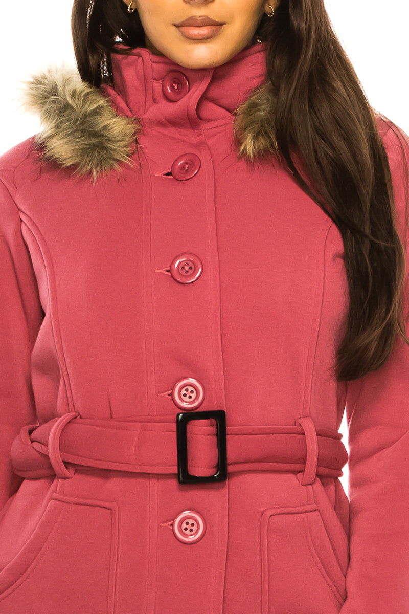 Unik's Women Fleece Coat with Fur Hood and Detachable Belt Scarlet WJ16511
