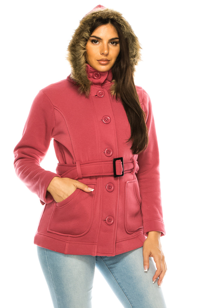 Unik's Women Fleece Coat with Fur Hood and Detachable Belt Plum WJ16511