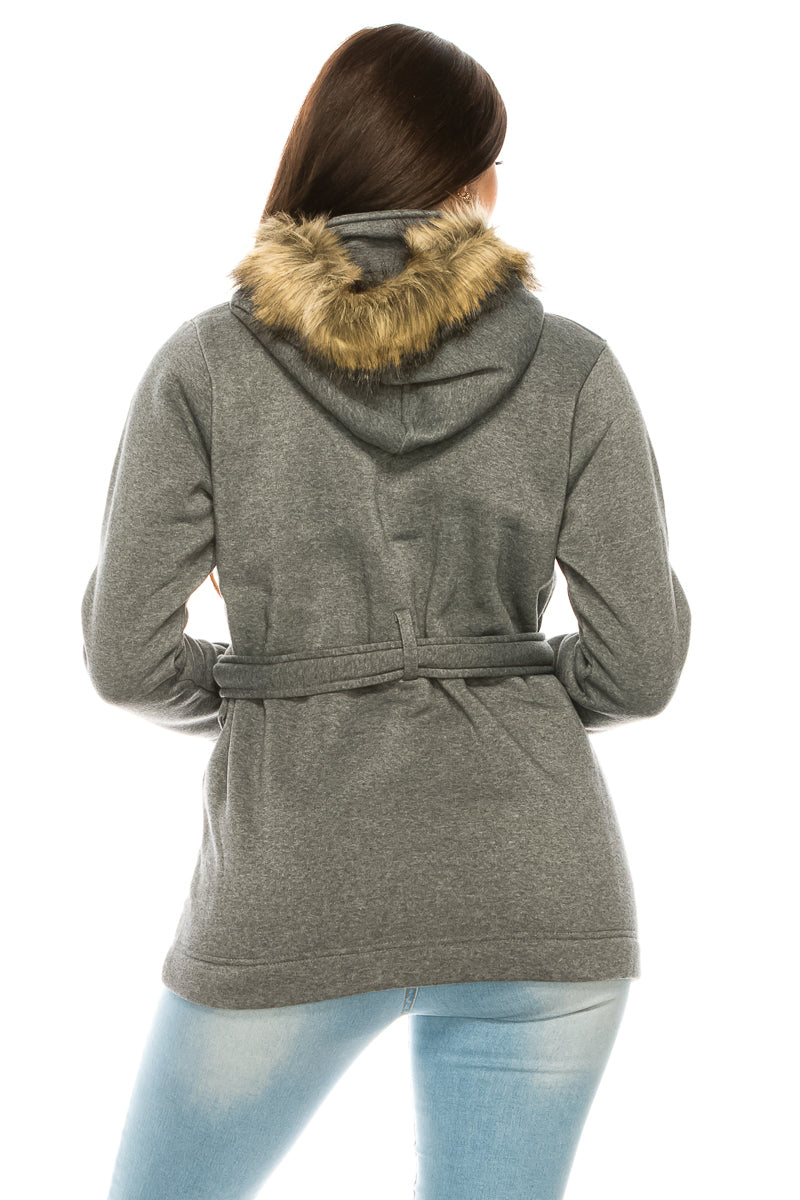 Unik's Women Fleece Coat with Fur Hood and Detachable Belt D Red WJ16511