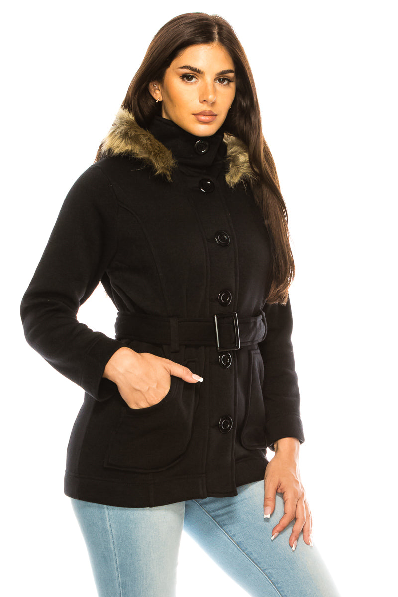 Unik's Women Fleece Coat with Fur Hood and Detachable Belt Black WJ16511