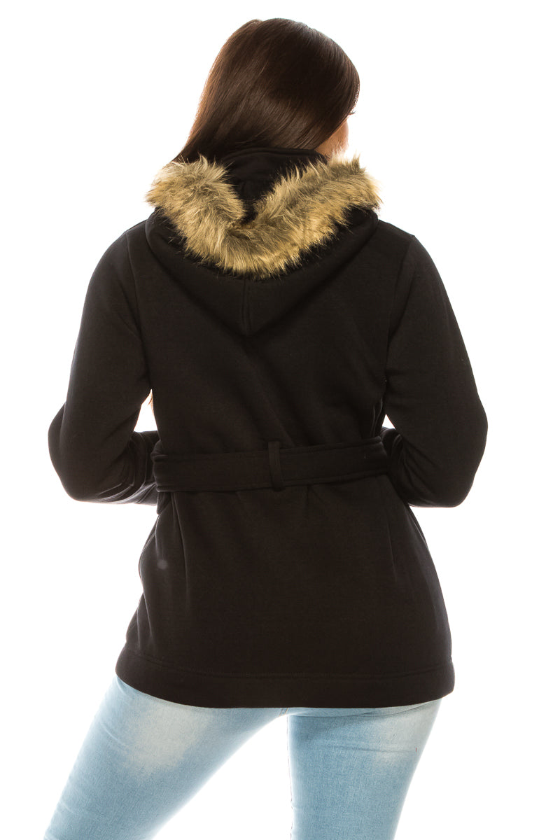 Unik's Women Fleece Coat with Fur Hood and Detachable Belt Black WJ16511