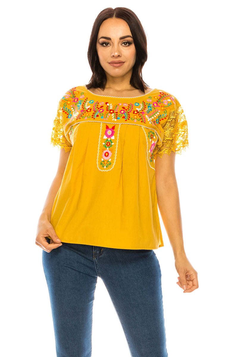 Traditional Mexican Women Blouse With Laced Sleeves Black MT802