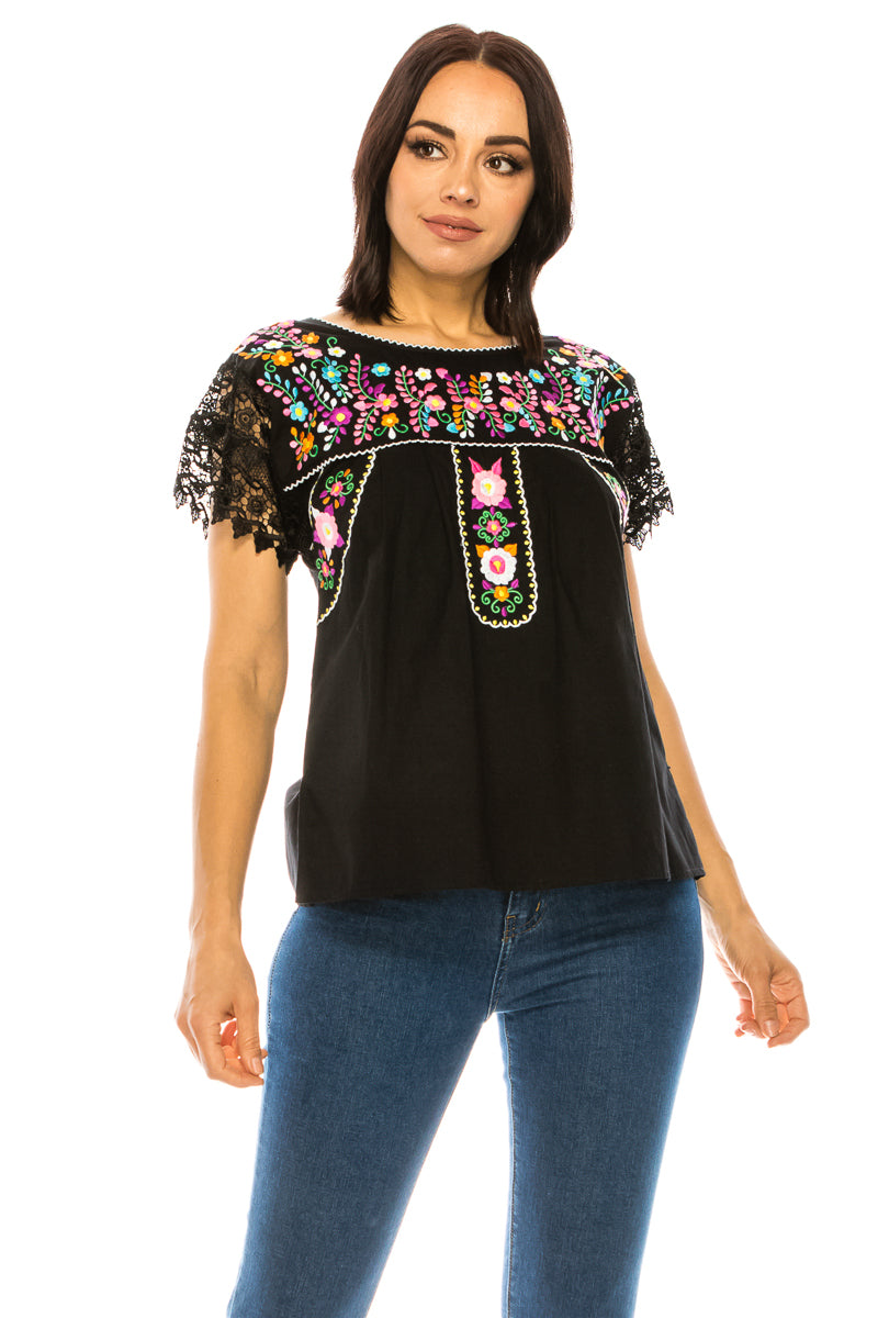 Traditional Mexican Women Blouse With Laced Sleeves Black MT802