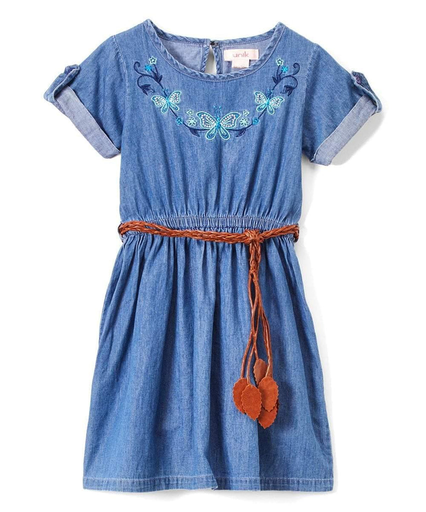 unikinc - Girl Blue Chambray Dress with Brown Leather Belt - Unikinc