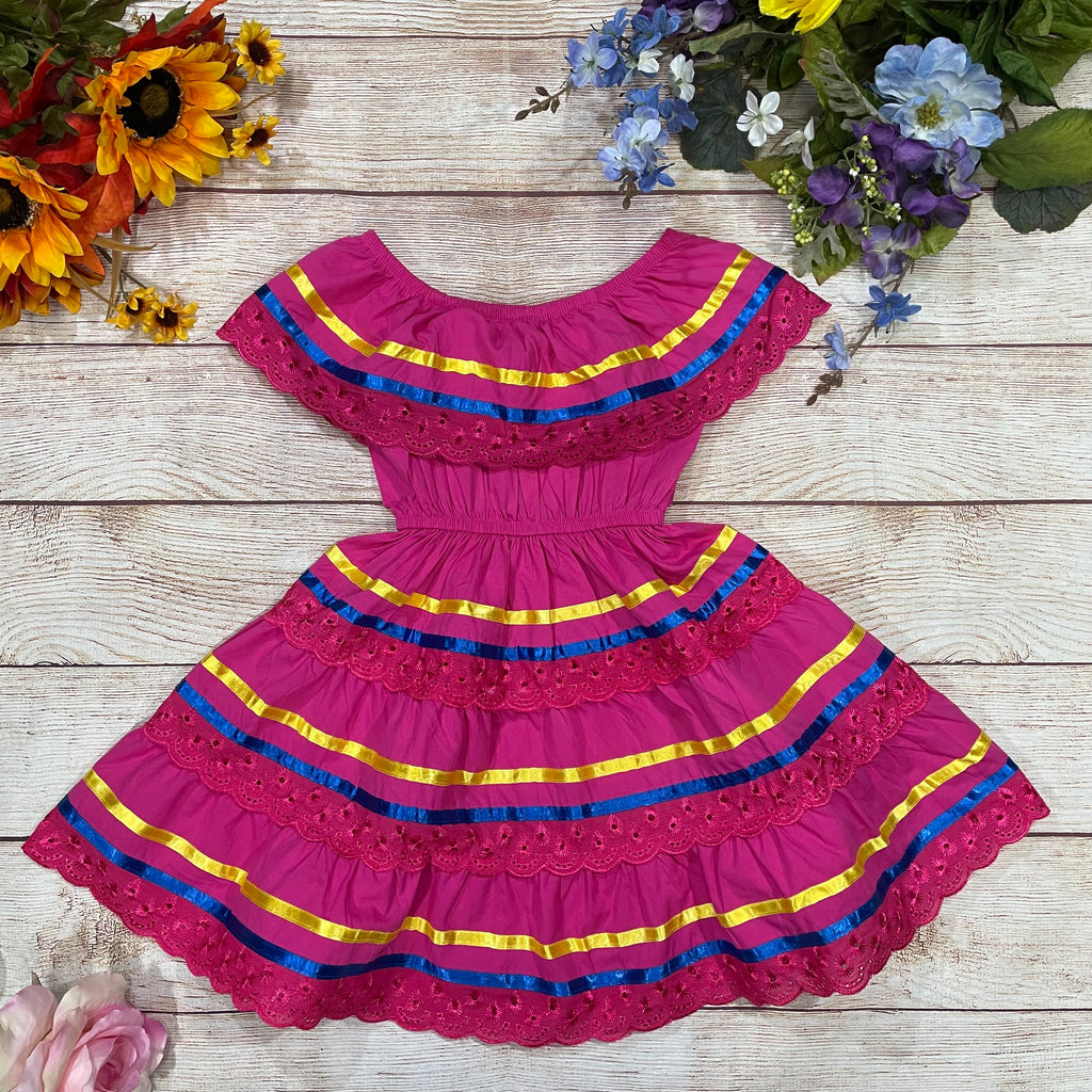 open lace back dress Girl's Pink Traditional Mexican Cinco De Mayo Fiesta Dress 2-14