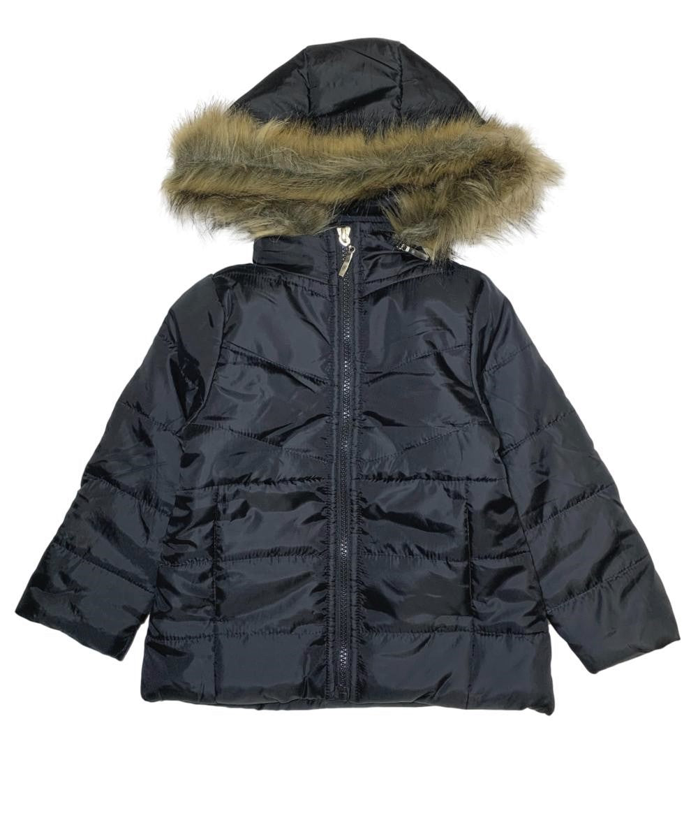 Girl's Zipper Hooded Puffer Jacket With Fur Black GJ2088