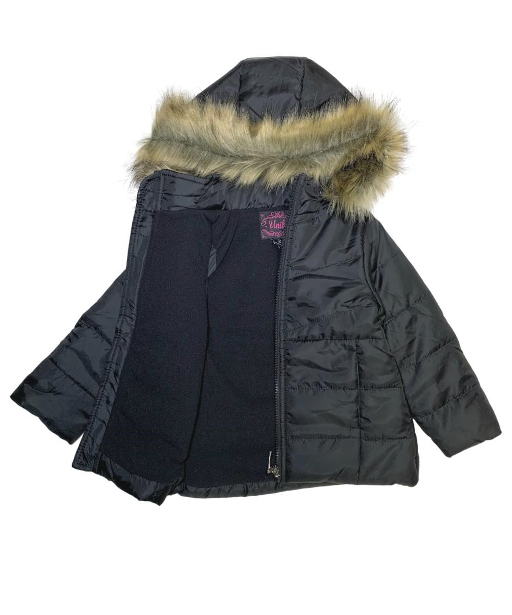 Girl's Zipper Hooded Puffer Jacket With Fur Grey GJ2088